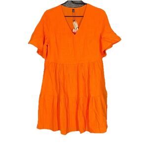 Orange Dress Medium Classic Bell Sleeve Tiered Babydoll Swing Tunic Full Skirt